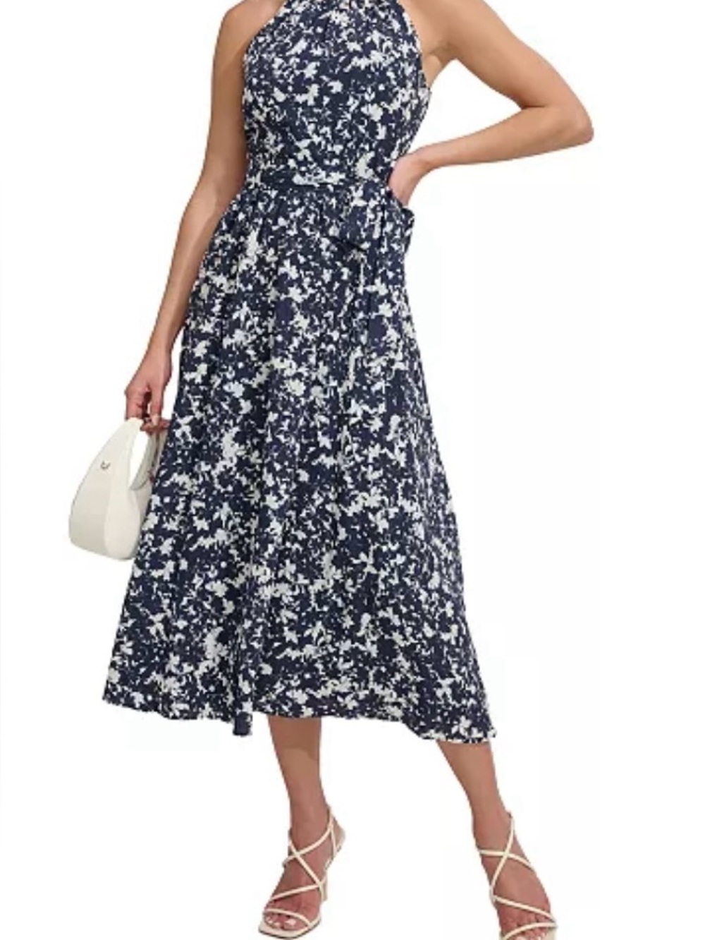 DKNY Navy and White Floral Halter Midi Dress